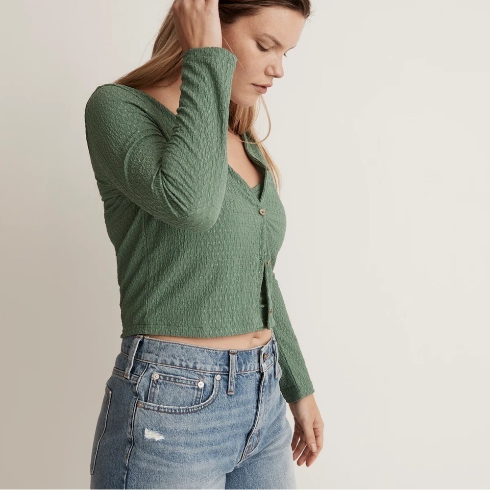 MADEWELL Cropped Crinkled Green Long Sleeve Lightweight Button Down Cardigan Top